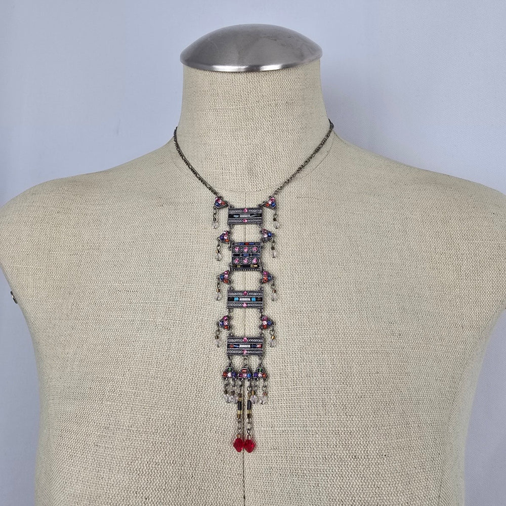 Tribal Style Multicolor Rhinestone Fringe Statement Necklace