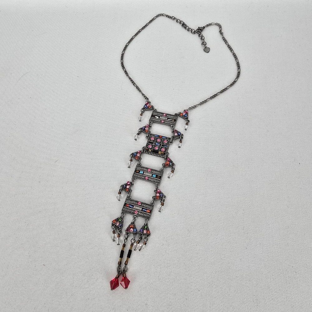 Tribal Style Multicolor Rhinestone Fringe Statement Necklace