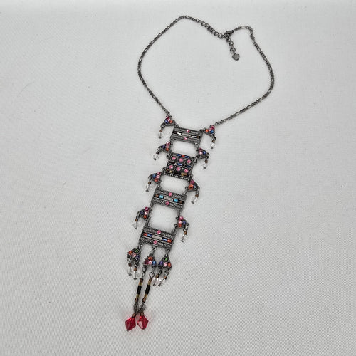 Tribal Style Multicolor Rhinestone Fringe Statement Necklace