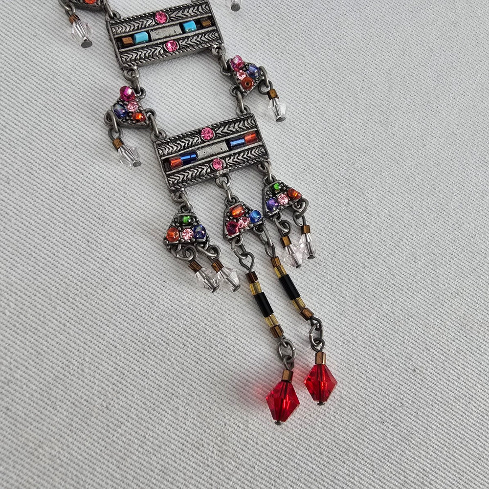 Tribal Style Multicolor Rhinestone Fringe Statement Necklace