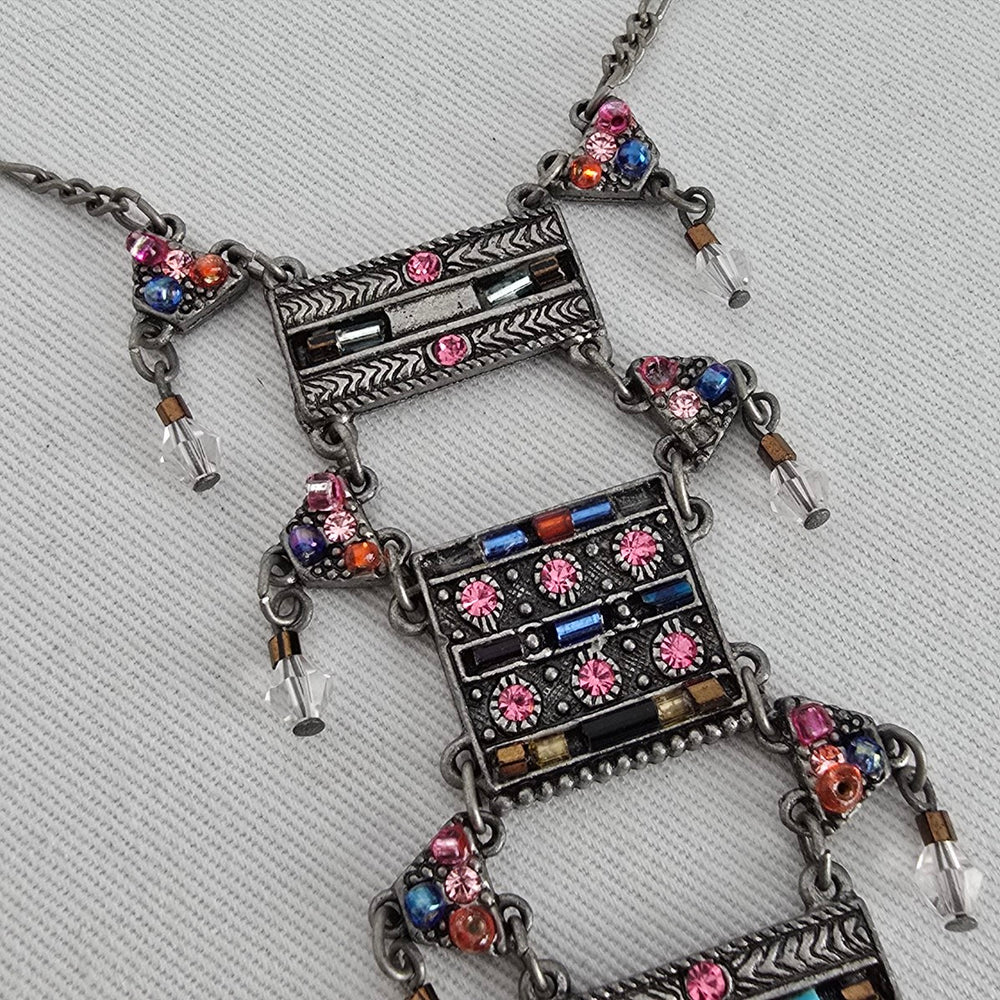 Tribal Style Multicolor Rhinestone Fringe Statement Necklace