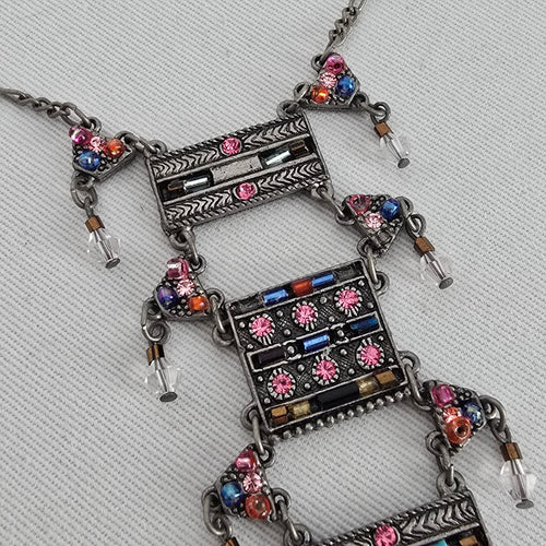 Tribal Style Multicolor Rhinestone Fringe Statement Necklace
