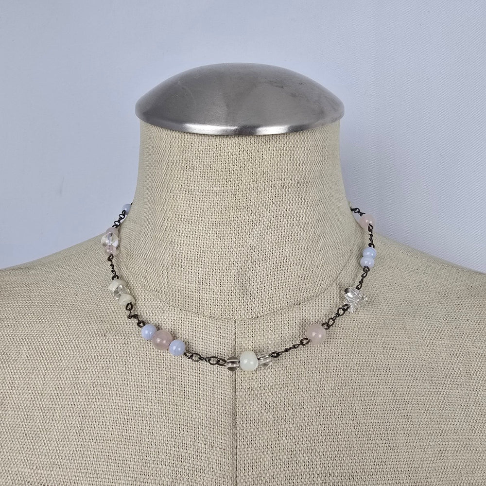 925 Sterling Silver Pastel Beaded Natural Stone Chain Necklace