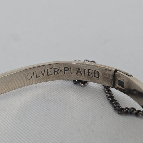 Vintage Silver Plated Etched Hinged Bangle Bracelet Safety Chain