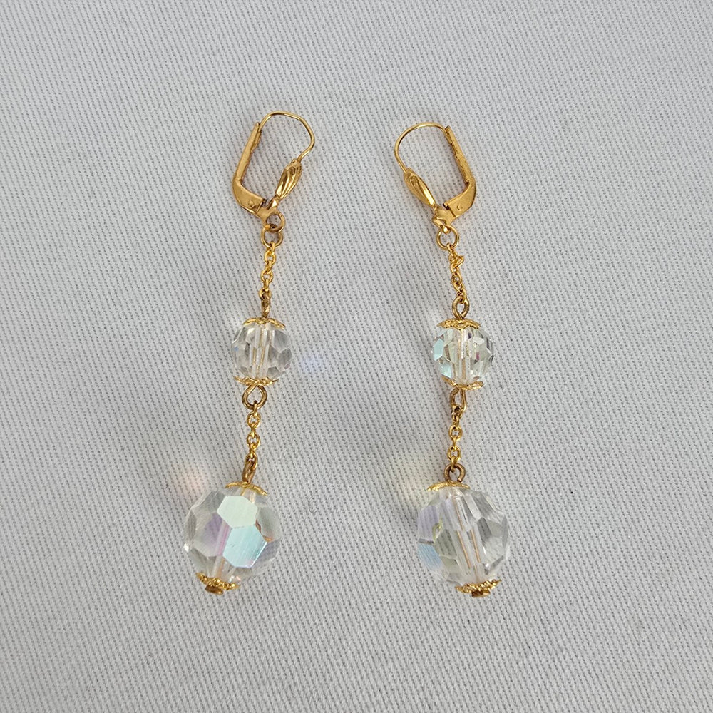 Vintage Gold Tone Aurora Borealis Crystal Bead Dangle Leverback Earrings