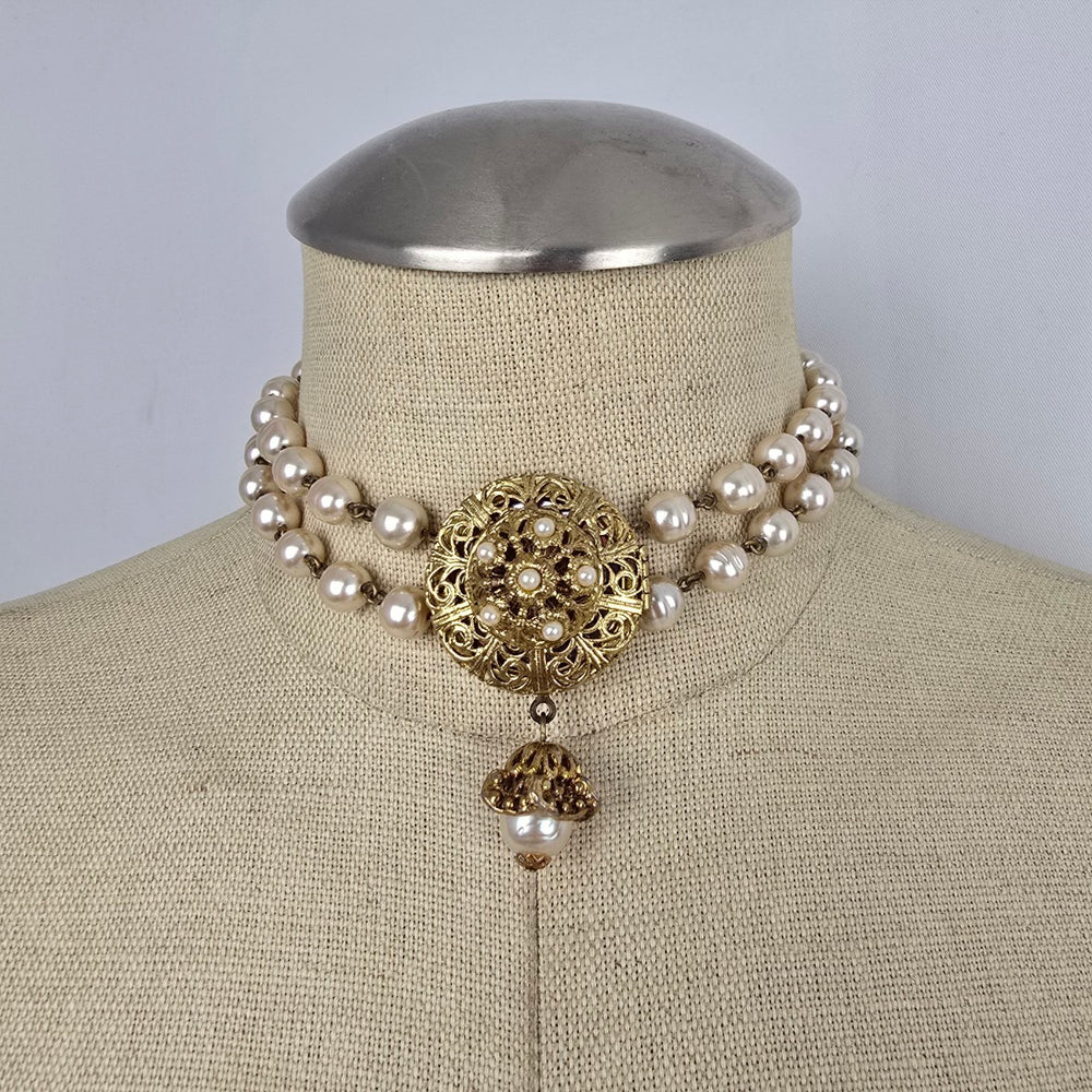 Vintage Faux Pearl Double Strand Filigree Locket Choker Necklace Gold Tone