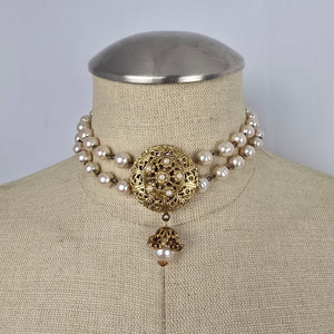 Vintage Faux Pearl Double Strand Filigree Locket Choker Necklace Gold Tone