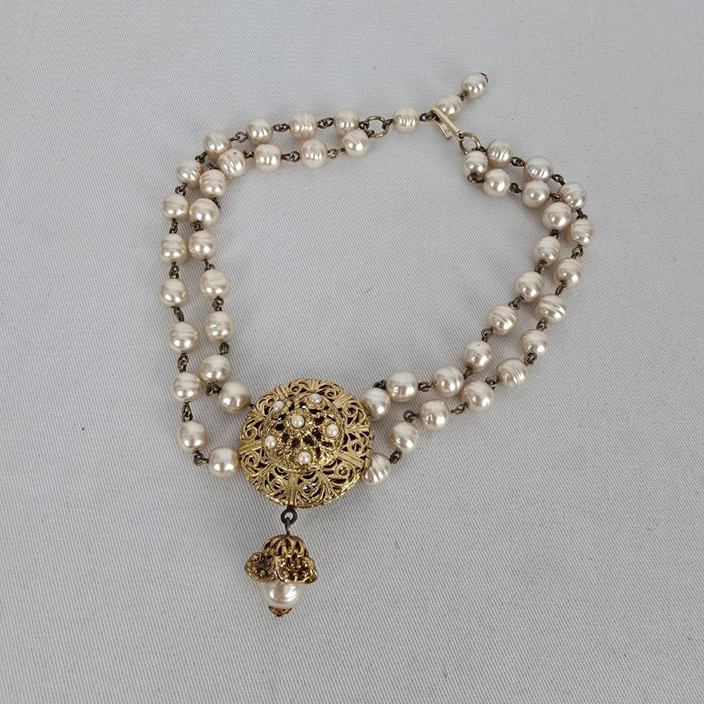 Vintage Faux Pearl Double Strand Filigree Locket Choker Necklace Gold Tone