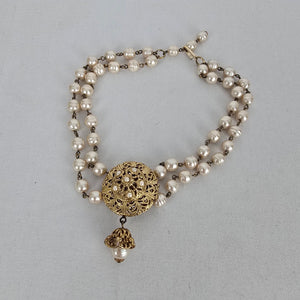 Vintage Faux Pearl Double Strand Filigree Locket Choker Necklace Gold Tone