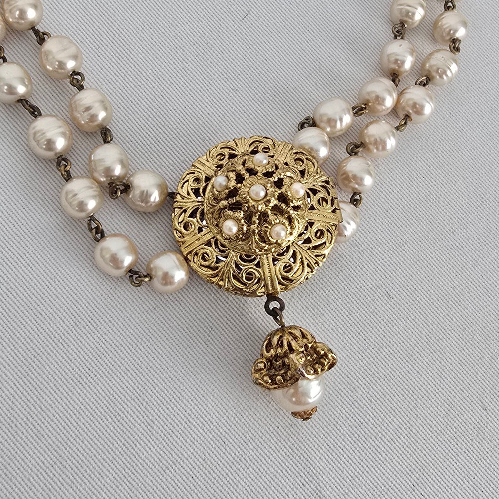 Vintage Faux Pearl Double Strand Filigree Locket Choker Necklace Gold Tone