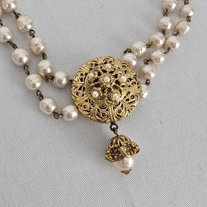 Vintage Faux Pearl Double Strand Filigree Locket Choker Necklace Gold Tone