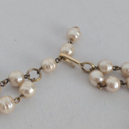 Vintage Faux Pearl Double Strand Filigree Locket Choker Necklace Gold Tone
