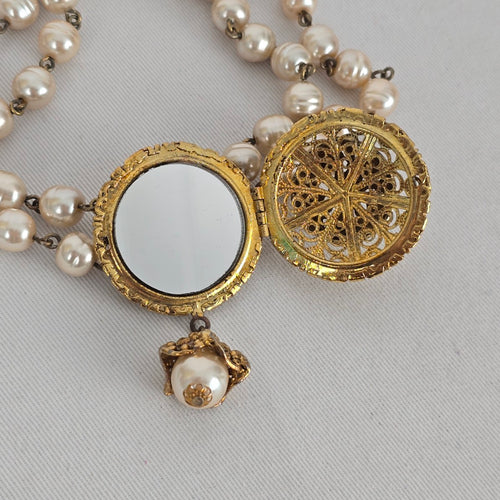 Vintage Faux Pearl Double Strand Filigree Locket Choker Necklace Gold Tone