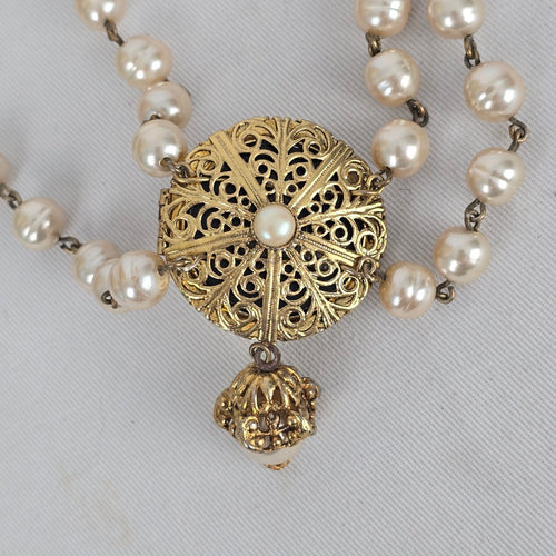 Vintage Faux Pearl Double Strand Filigree Locket Choker Necklace Gold Tone