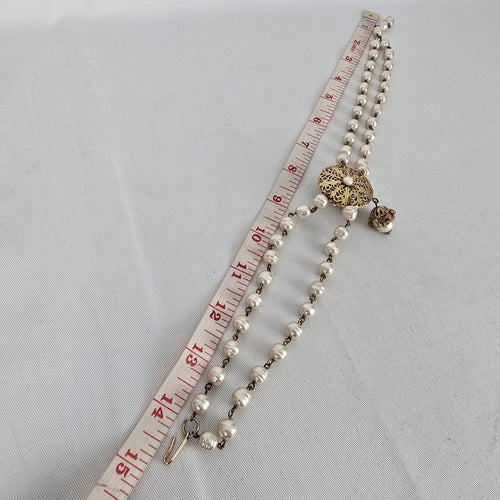 Vintage Faux Pearl Double Strand Filigree Locket Choker Necklace Gold Tone