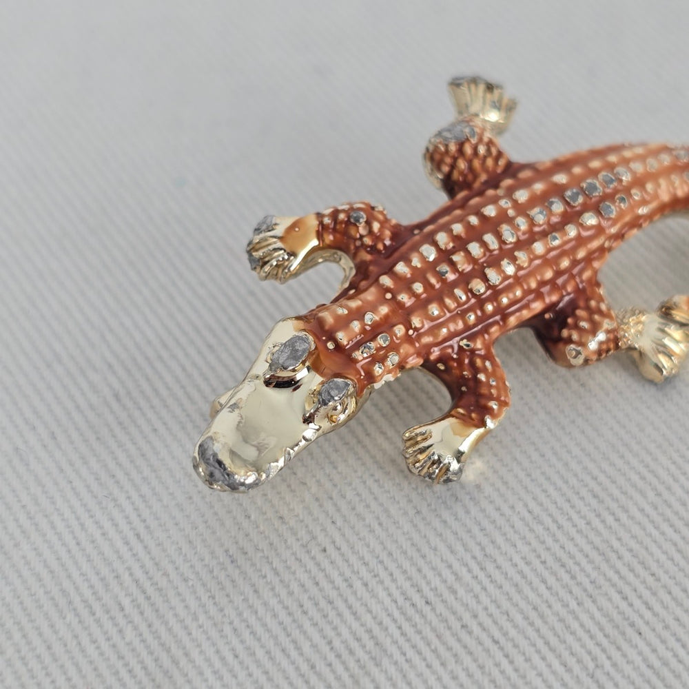 Vintage Gerry's Brown Enamel Alligator Crocodile Brooch Gold Tone Animal Pin