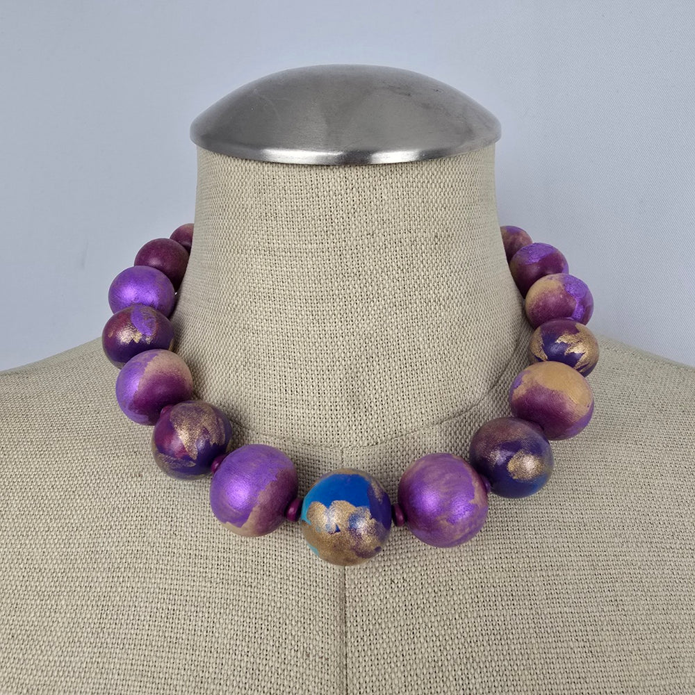 Hand Painted Purple Blue Gold Wooden Bead Statement Necklace Toggle Clasp