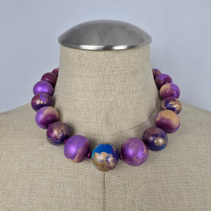 Hand Painted Purple Blue Gold Wooden Bead Statement Necklace Toggle Clasp