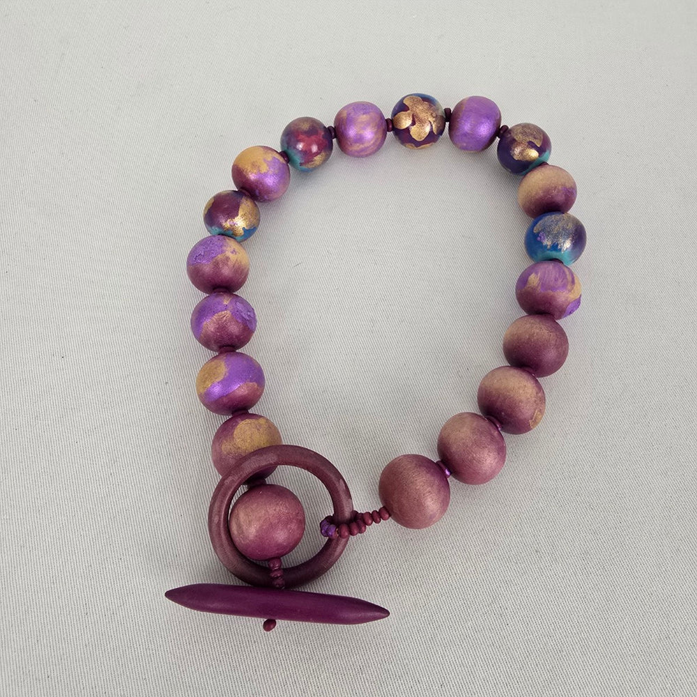 Hand Painted Purple Blue Gold Wooden Bead Statement Necklace Toggle Clasp