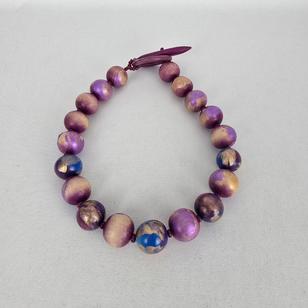 Hand Painted Purple Blue Gold Wooden Bead Statement Necklace Toggle Clasp