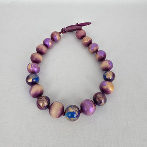 Hand Painted Purple Blue Gold Wooden Bead Statement Necklace Toggle Clasp