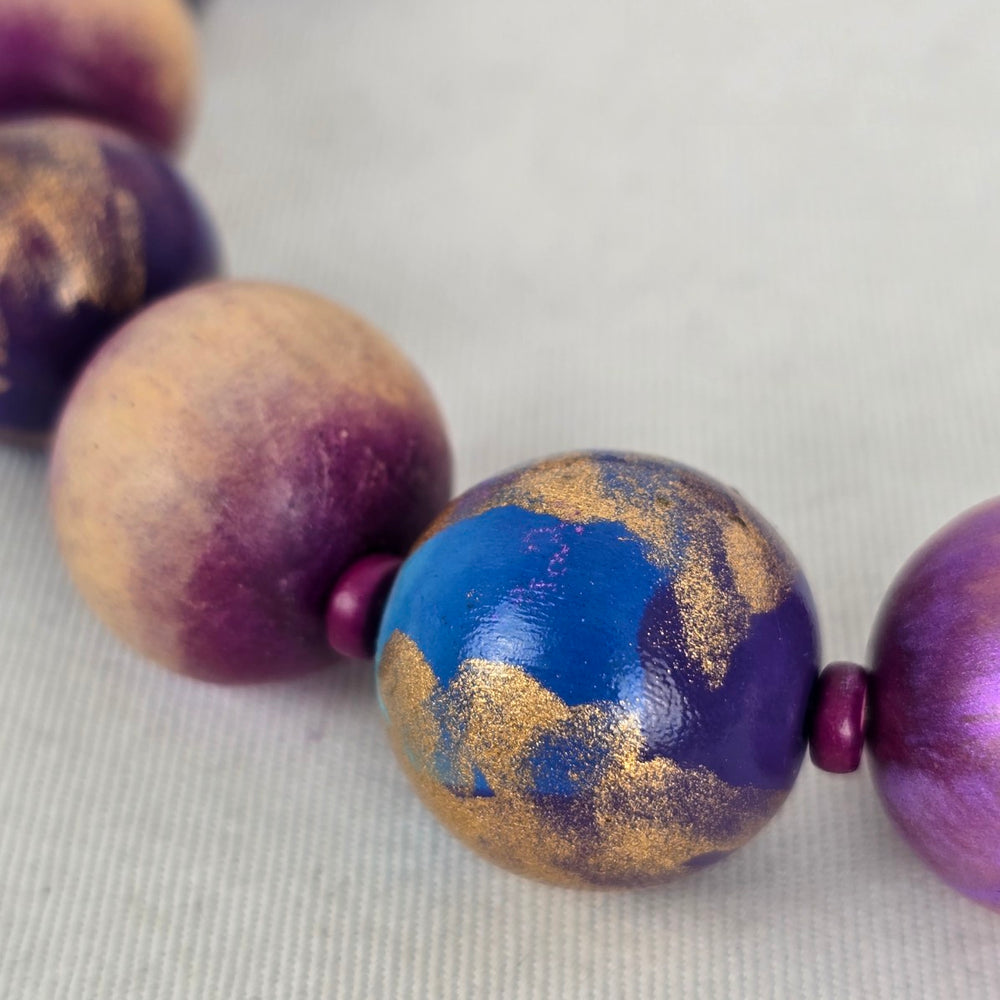 Hand Painted Purple Blue Gold Wooden Bead Statement Necklace Toggle Clasp