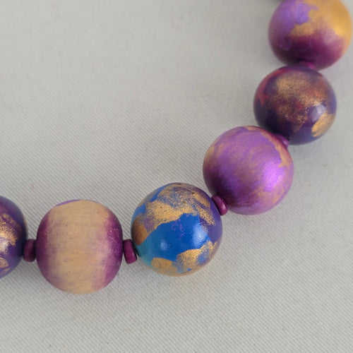 Hand Painted Purple Blue Gold Wooden Bead Statement Necklace Toggle Clasp