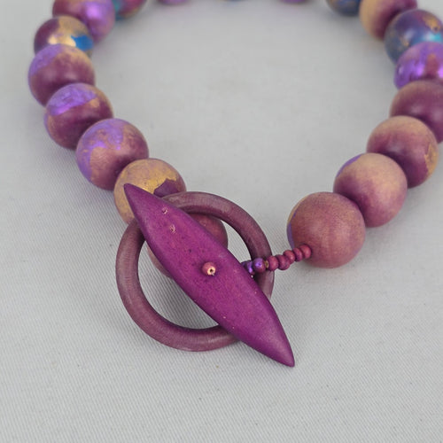 Hand Painted Purple Blue Gold Wooden Bead Statement Necklace Toggle Clasp