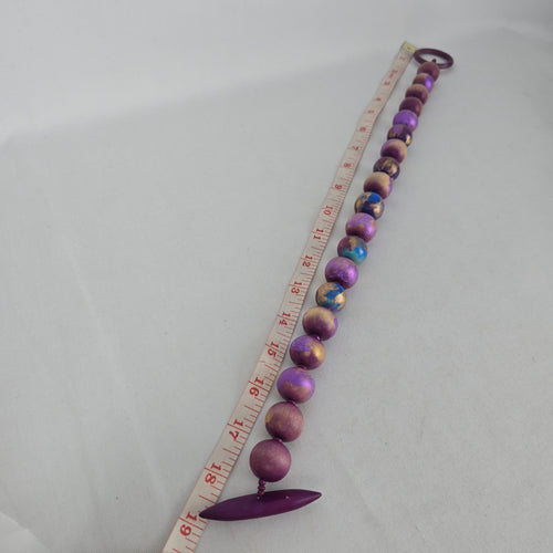 Hand Painted Purple Blue Gold Wooden Bead Statement Necklace Toggle Clasp
