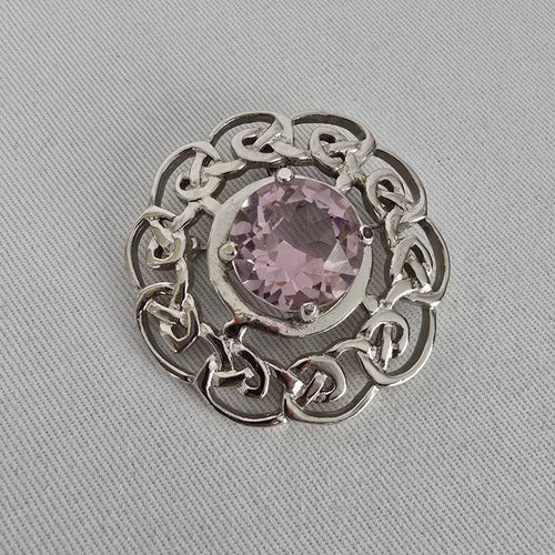 JAF Scotland Silver Tone Celtic Knot Brooch Pink Faceted Crystal Vintage