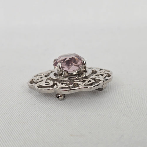 JAF Scotland Silver Tone Celtic Knot Brooch Pink Faceted Crystal Vintage