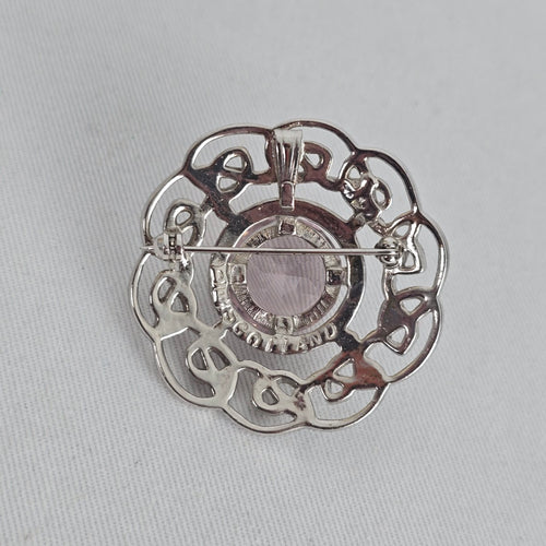 JAF Scotland Silver Tone Celtic Knot Brooch Pink Faceted Crystal Vintage