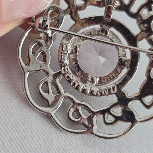 JAF Scotland Silver Tone Celtic Knot Brooch Pink Faceted Crystal Vintage