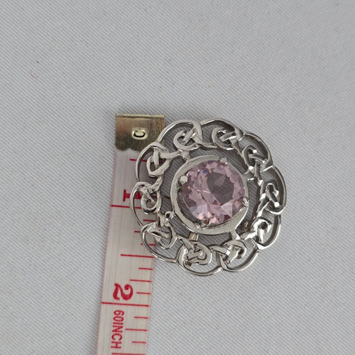 JAF Scotland Silver Tone Celtic Knot Brooch Pink Faceted Crystal Vintage