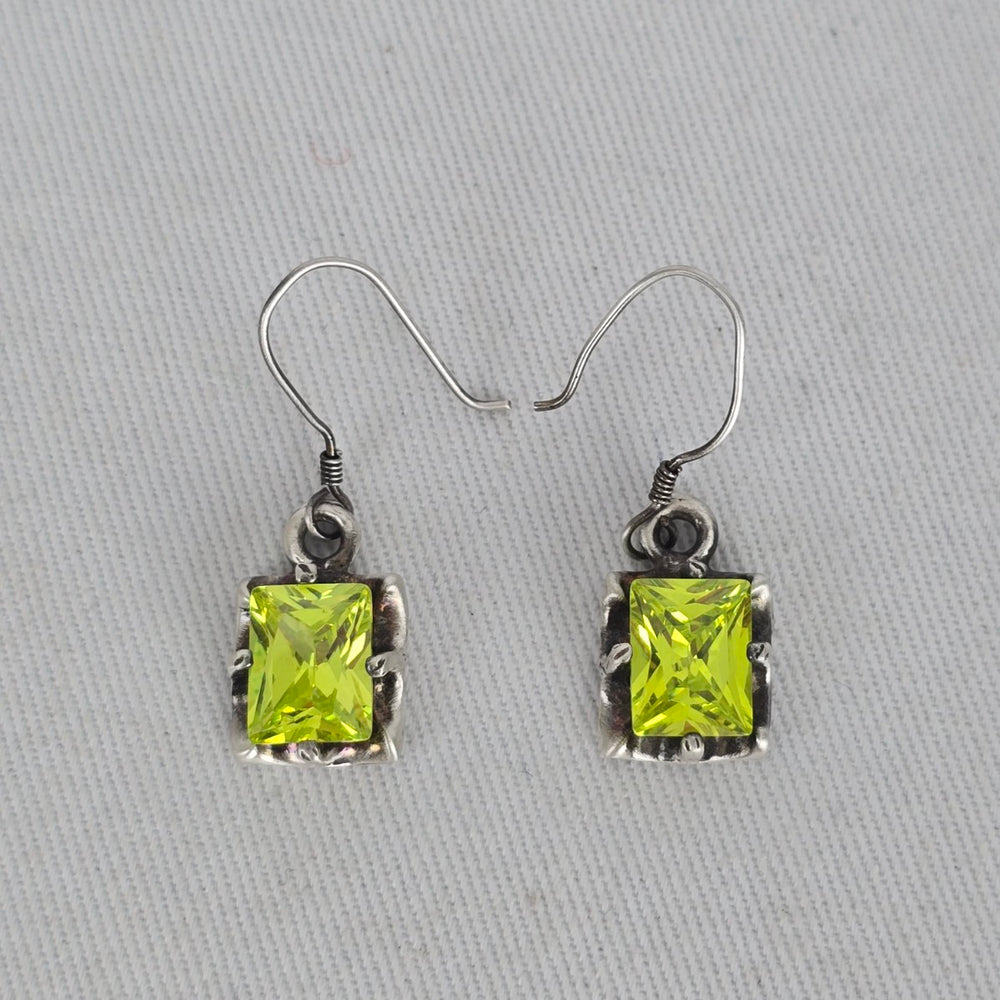 Sterling Silver Green Gem Stone Rectangle Drop Earrings Hook Dangle