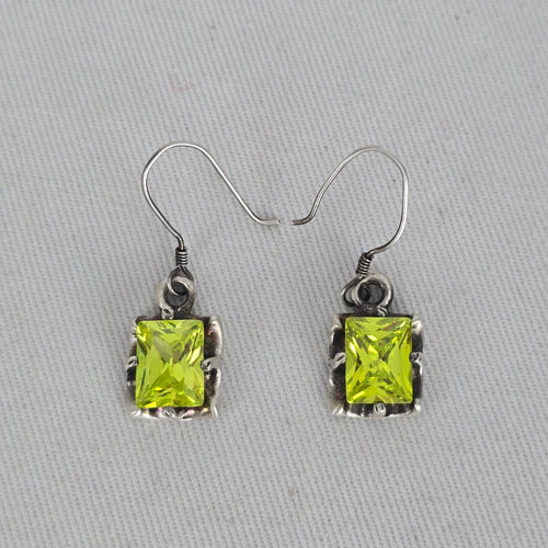 Sterling Silver Green Gem Stone Rectangle Drop Earrings Hook Dangle