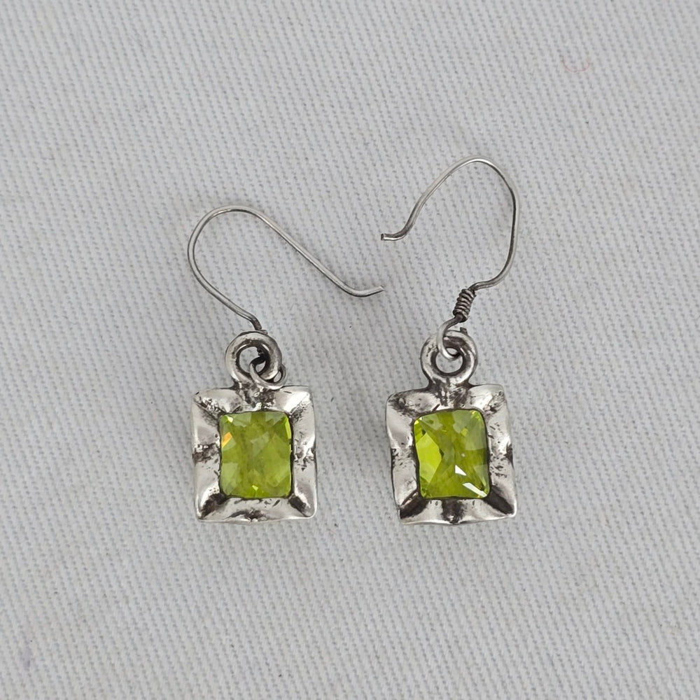 Sterling Silver Green Gem Stone Rectangle Drop Earrings Hook Dangle