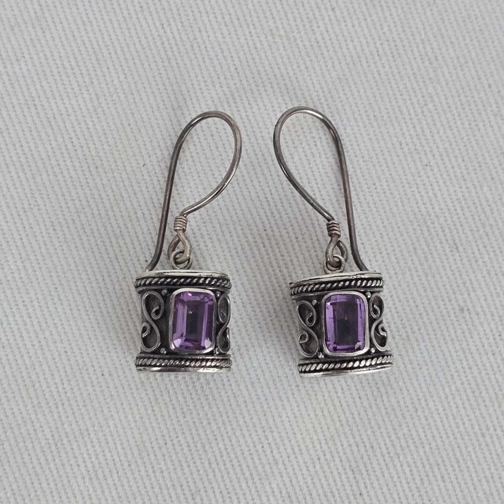 925 Sterling Silver Purple Rectangular Gemstone Scroll Dangle Earrings