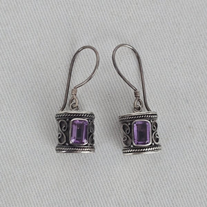 925 Sterling Silver Purple Rectangular Gemstone Scroll Dangle Earrings