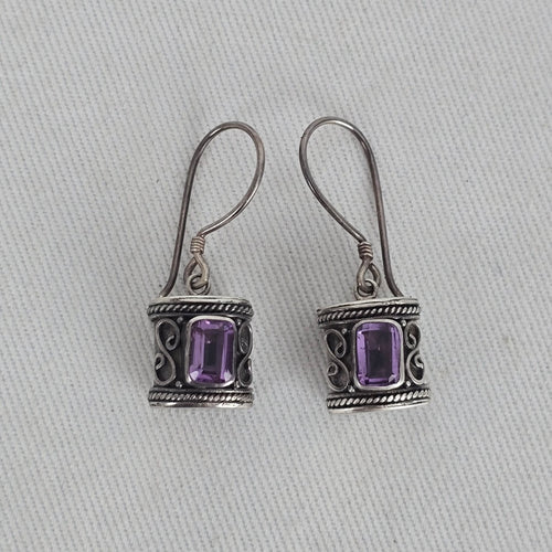 925 Sterling Silver Purple Rectangular Gemstone Scroll Dangle Earrings