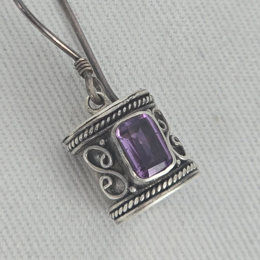 925 Sterling Silver Purple Rectangular Gemstone Scroll Dangle Earrings