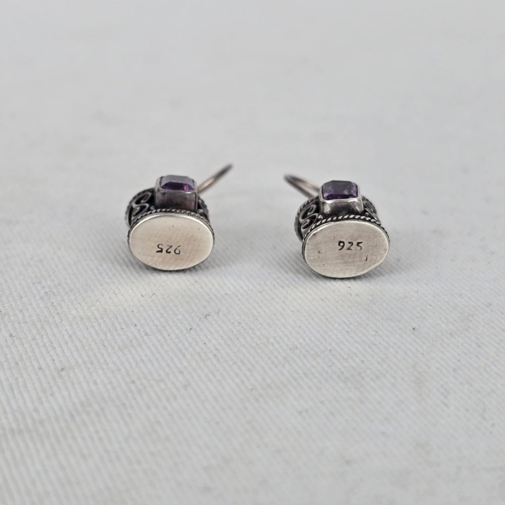 925 Sterling Silver Purple Rectangular Gemstone Scroll Dangle Earrings