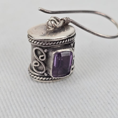 925 Sterling Silver Purple Rectangular Gemstone Scroll Dangle Earrings