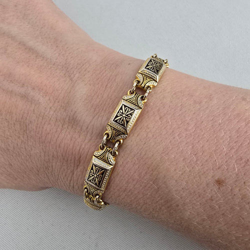 Vintage Damascene Style Gold Tone Black Panel Link Bracelet