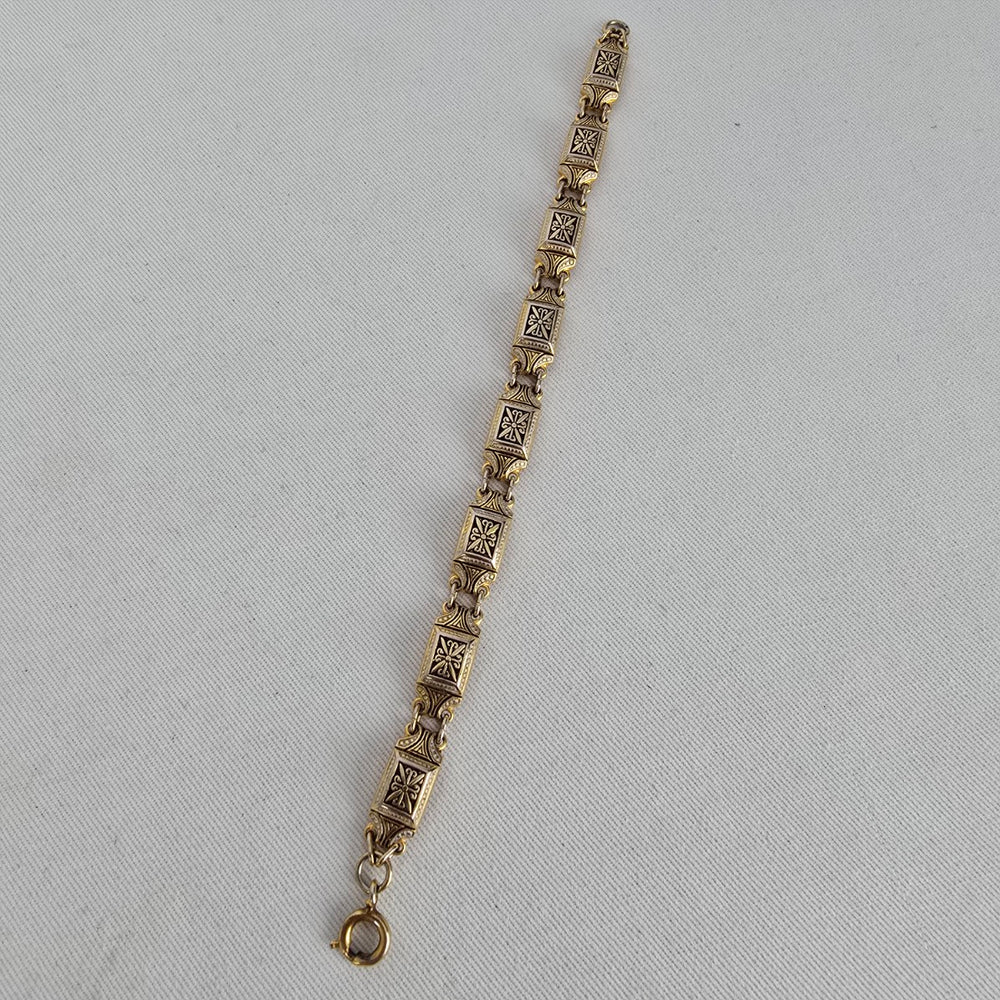 Vintage Damascene Style Gold Tone Black Panel Link Bracelet