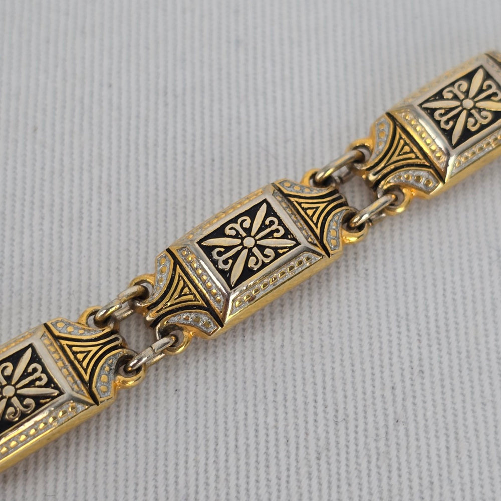 Vintage Damascene Style Gold Tone Black Panel Link Bracelet
