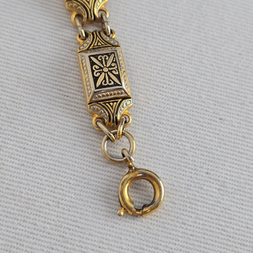 Vintage Damascene Style Gold Tone Black Panel Link Bracelet