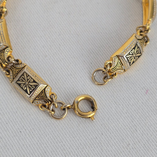 Vintage Damascene Style Gold Tone Black Panel Link Bracelet