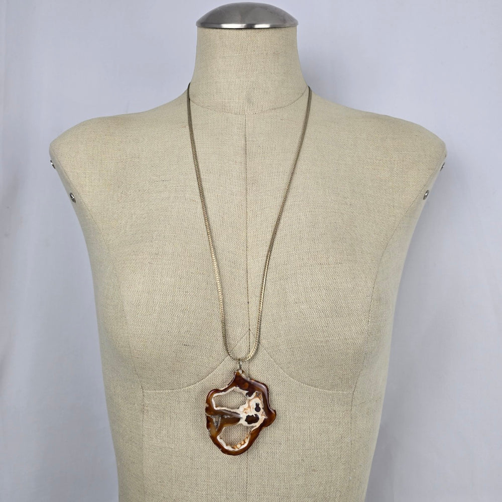 Vintage Natural Brown Agate Slice Pendant Necklace Gold Tone Snake Chain