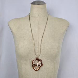 Vintage Natural Brown Agate Slice Pendant Necklace Gold Tone Snake Chain